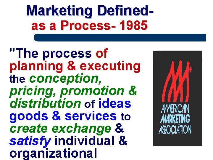 Marketing Definedas a Process- 1985 "The process of planning & executing the conception, pricing,