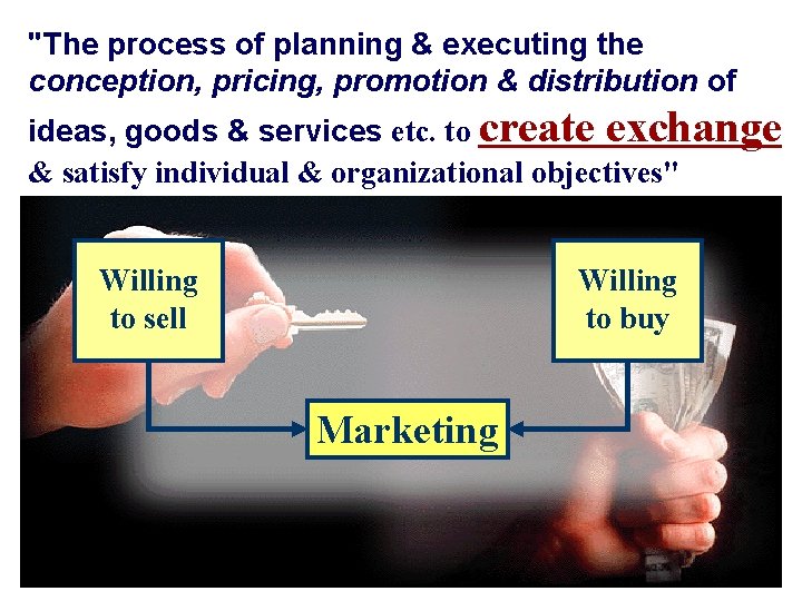 "The process of planning & executing the conception, pricing, promotion & distribution of ideas,