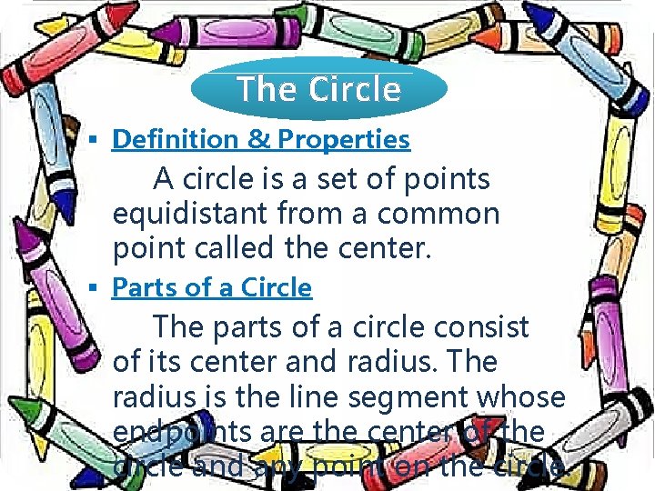 The Circle § Definition & Properties A circle is a set of points equidistant