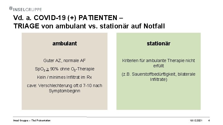 Vd. a. COVID-19 (+) PATIENTEN – TRIAGE von ambulant vs. stationär auf Notfall ambulant