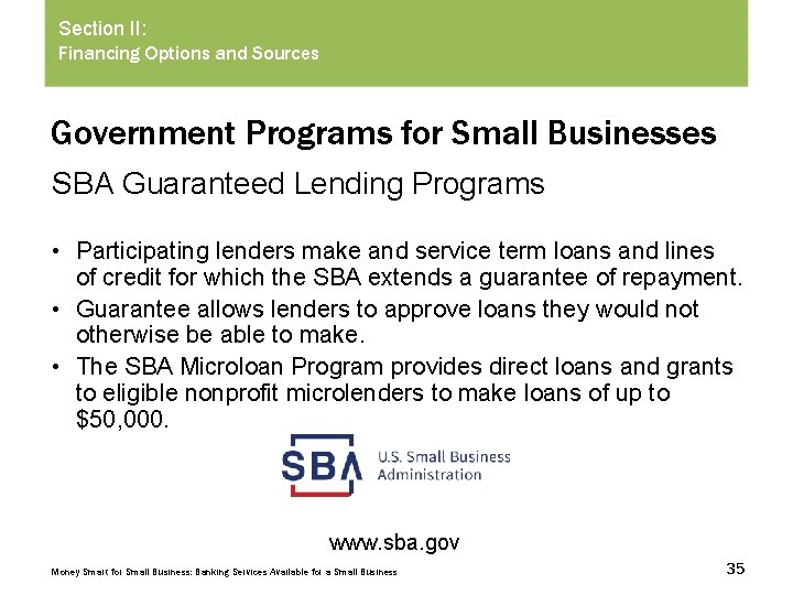 Section II: Financing Options and Sources Government Programs for Small Businesses SBA Guaranteed Lending