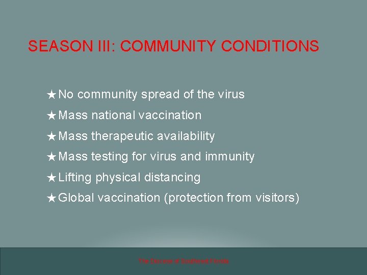 SEASON III: COMMUNITY CONDITIONS ★ No community spread of the virus ★ Mass national