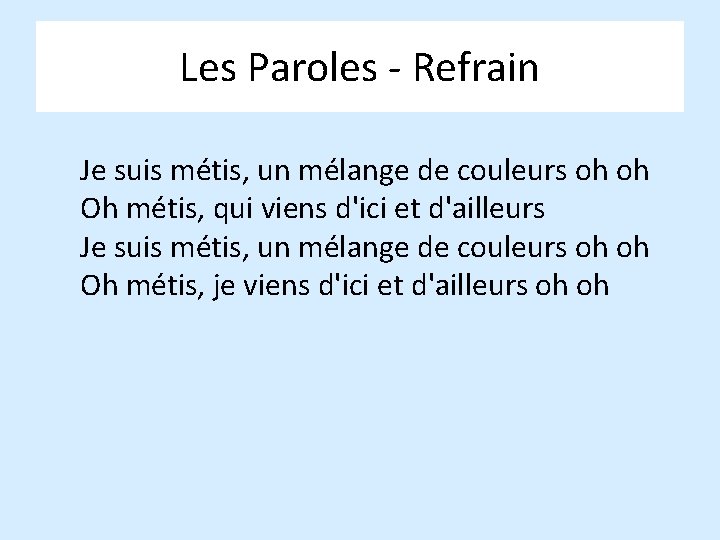 Les Paroles - Refrain Je suis métis, un mélange de couleurs oh oh Oh