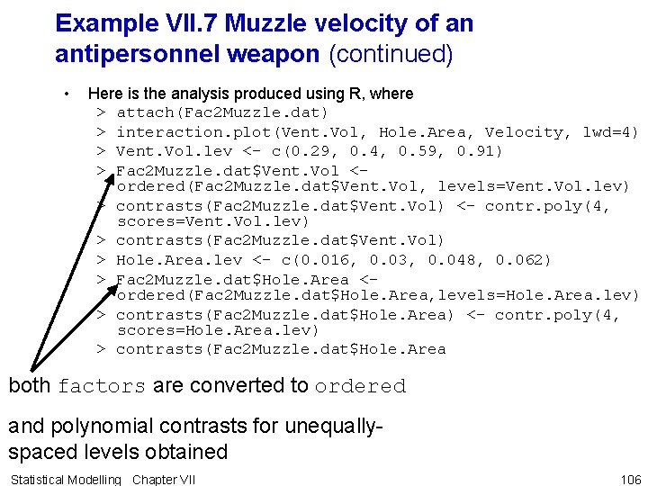 Example VII. 7 Muzzle velocity of an antipersonnel weapon (continued) • Here is the