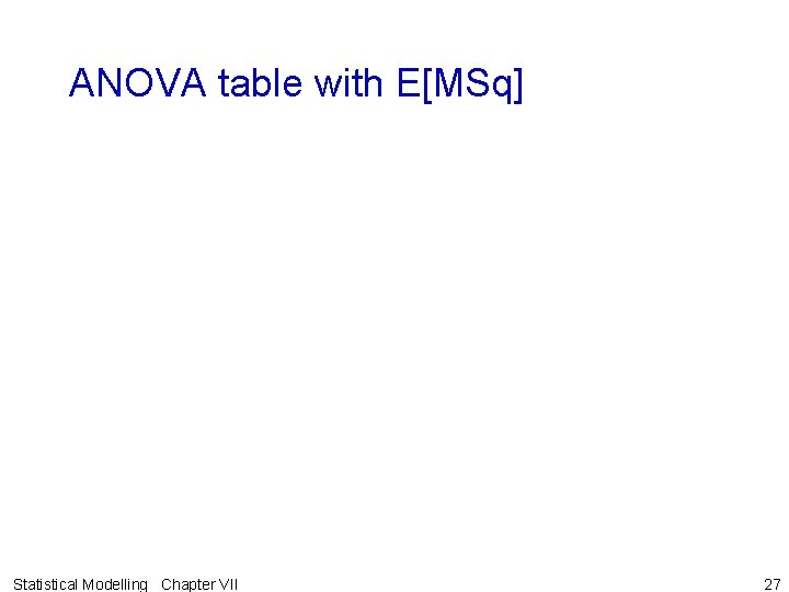 ANOVA table with E[MSq] Statistical Modelling Chapter VII 27 