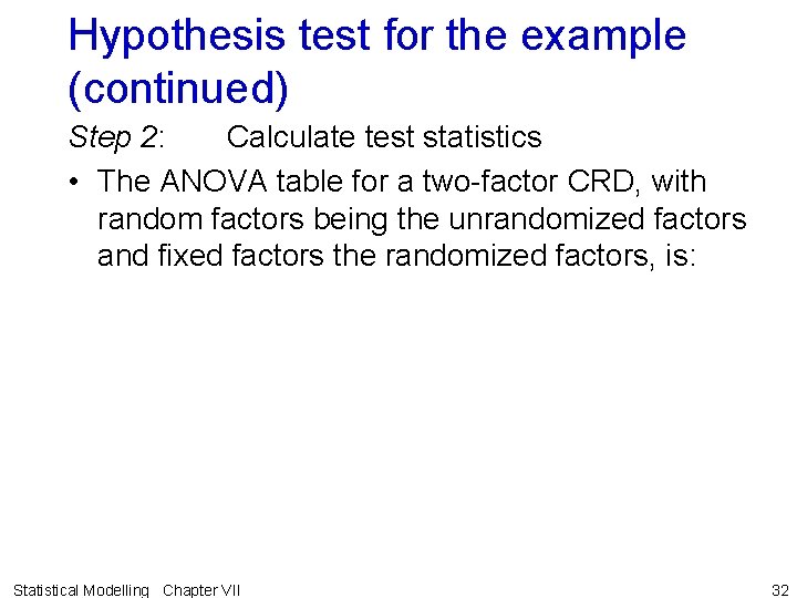 Hypothesis test for the example (continued) Step 2: Calculate test statistics • The ANOVA