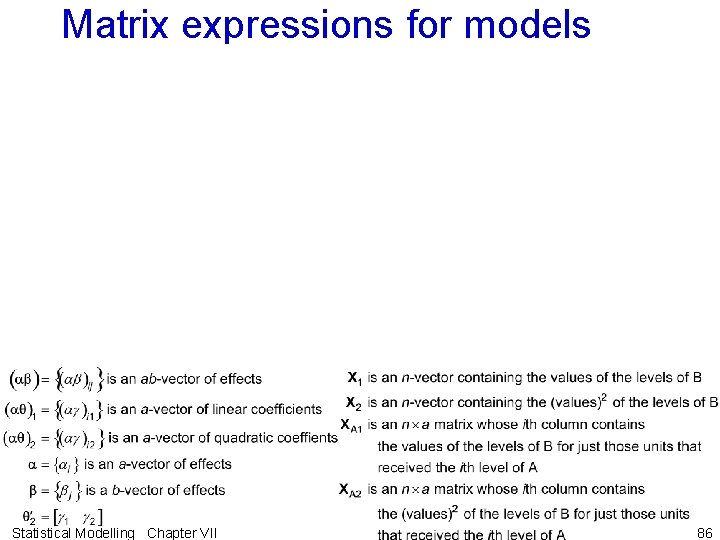 Matrix expressions for models Statistical Modelling Chapter VII 86 