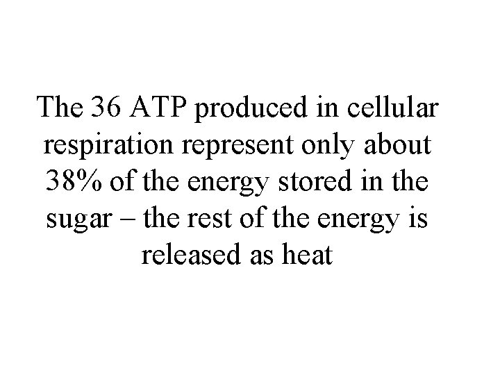 The 36 ATP produced in cellular respiration represent only about 38% of the energy