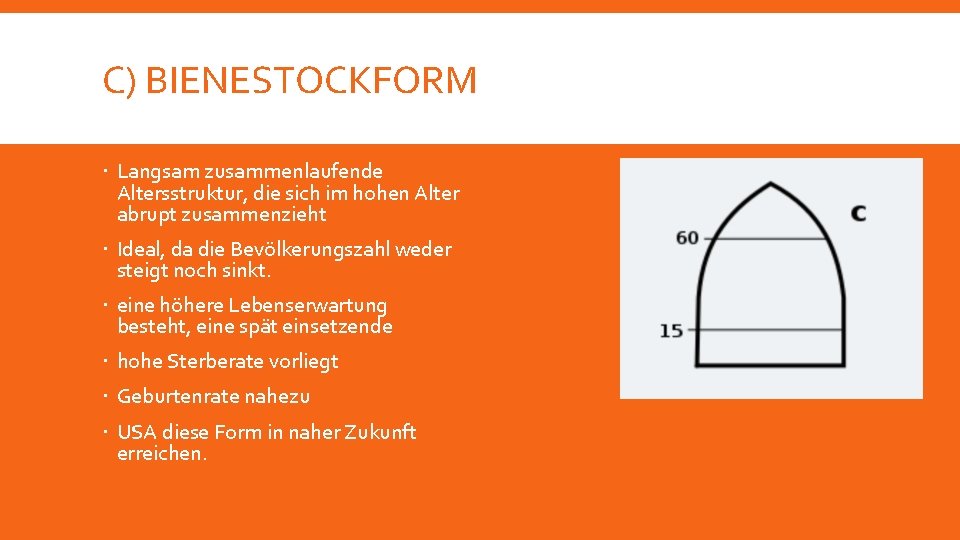 C) BIENESTOCKFORM Langsam zusammenlaufende Altersstruktur, die sich im hohen Alter abrupt zusammenzieht Ideal, da