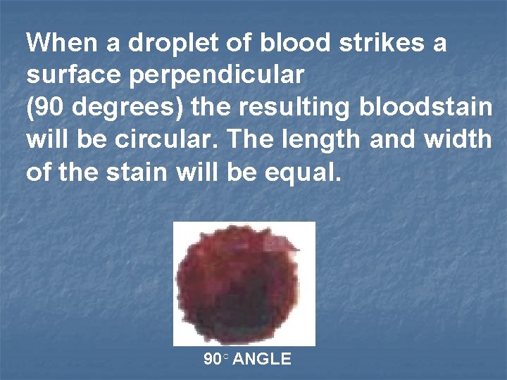 When a droplet of blood strikes a surface perpendicular (90 degrees) the resulting bloodstain