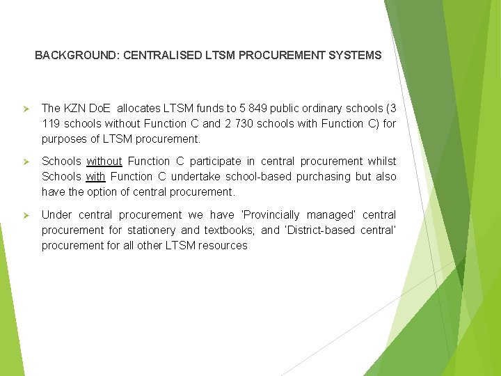 BACKGROUND: CENTRALISED LTSM PROCUREMENT SYSTEMS Ø The KZN Do. E allocates LTSM funds to