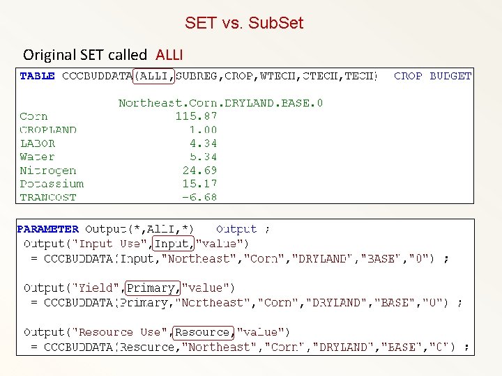 SET vs. Sub. Set Original SET called ALLI 