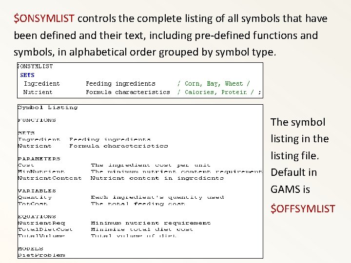 $ONSYMLIST controls the complete listing of all symbols that have been defined and their