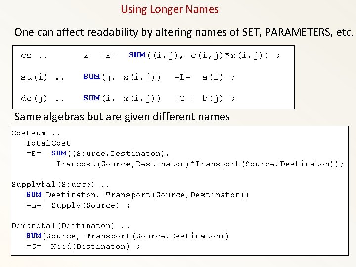 Using Longer Names One can affect readability by altering names of SET, PARAMETERS, etc.