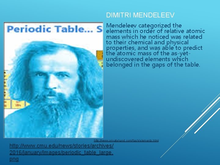 DIMITRI MENDELEEV Mendeleev categorized the elements in order of relative atomic mass which he