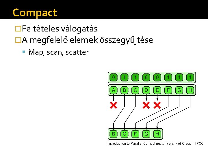 Compact �Feltételes válogatás �A megfelelő elemek összegyűjtése Map, scan, scatter Introduction to Parallel Computing,