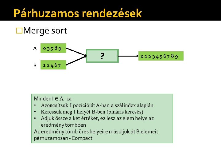 Párhuzamos rendezések �Merge sort A B 03589 12467 ? 0123456789 