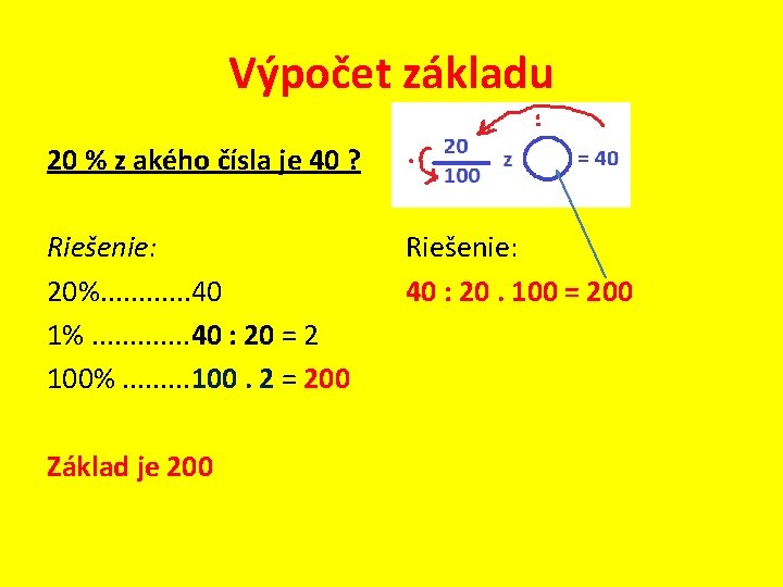 Výpočet základu 20 % z akého čísla je 40 ? Riešenie: 20%. . .