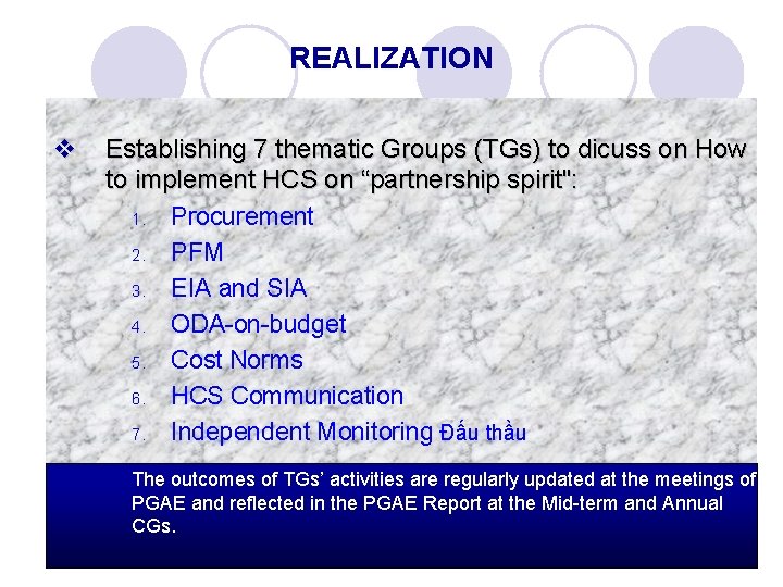 REALIZATION v Establishing 7 thematic Groups (TGs) to dicuss on How to implement HCS
