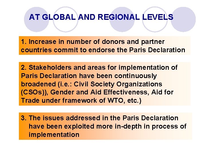 AT GLOBAL AND REGIONAL LEVELS 1. Increase in number of donors and partner countries