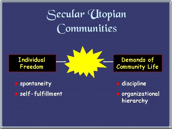 Secular Utopian Communities Individual Freedom Demands of Community Life e spontaneity e discipline e