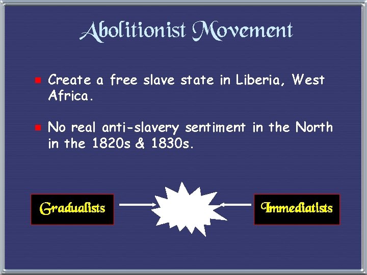 Abolitionist Movement e Create a free slave state in Liberia, West Africa. e No