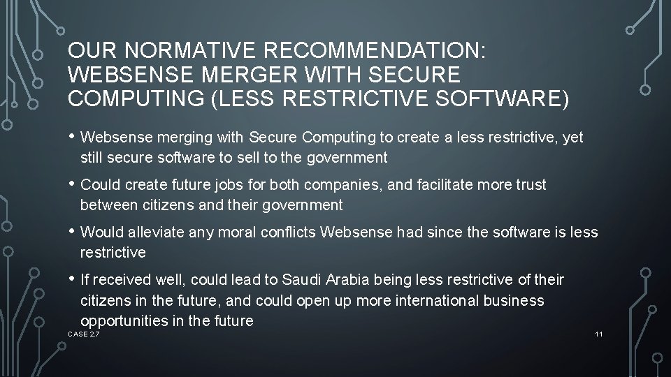 OUR NORMATIVE RECOMMENDATION: WEBSENSE MERGER WITH SECURE COMPUTING (LESS RESTRICTIVE SOFTWARE) • Websense merging