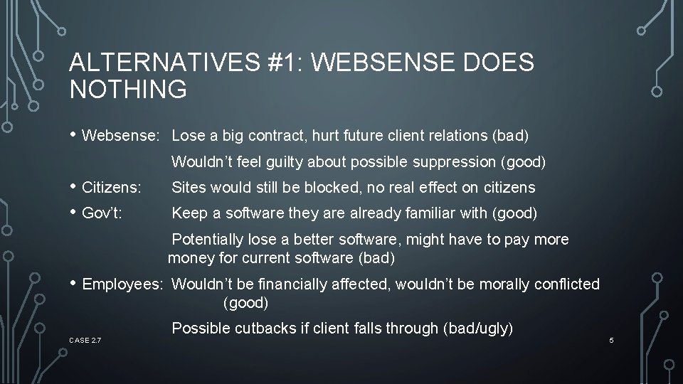 ALTERNATIVES #1: WEBSENSE DOES NOTHING • Websense: Lose a big contract, hurt future client