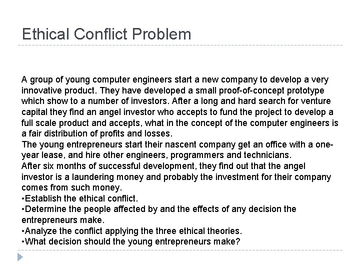 Ethical Conflict Problem A group of young computer engineers start a new company to