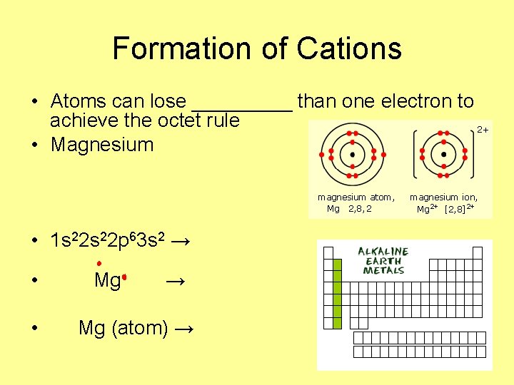 Formation of Cations • Atoms can lose _____ than one electron to achieve the Formation of Cations • Atoms can lose _____ than one electron to achieve the