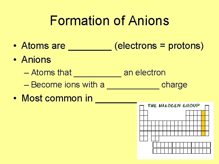 Formation of Anions • Atoms are ____ (electrons = protons) • Anions – Atoms Formation of Anions • Atoms are ____ (electrons = protons) • Anions – Atoms