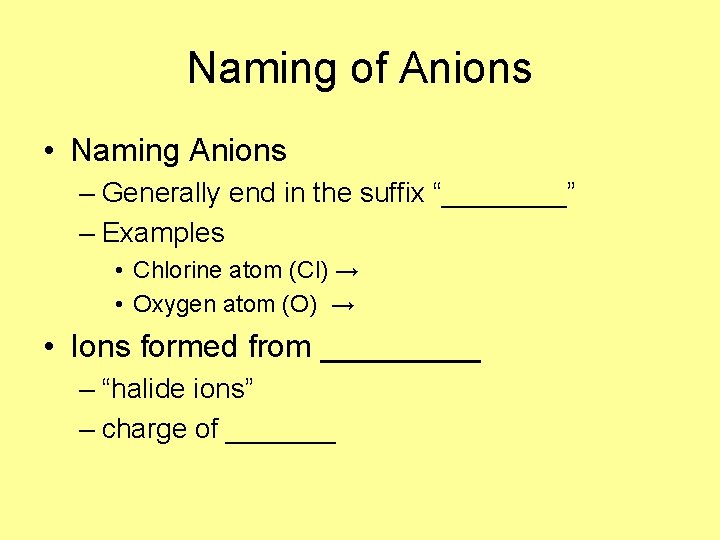 Naming of Anions • Naming Anions – Generally end in the suffix “____” – Naming of Anions • Naming Anions – Generally end in the suffix “____” –