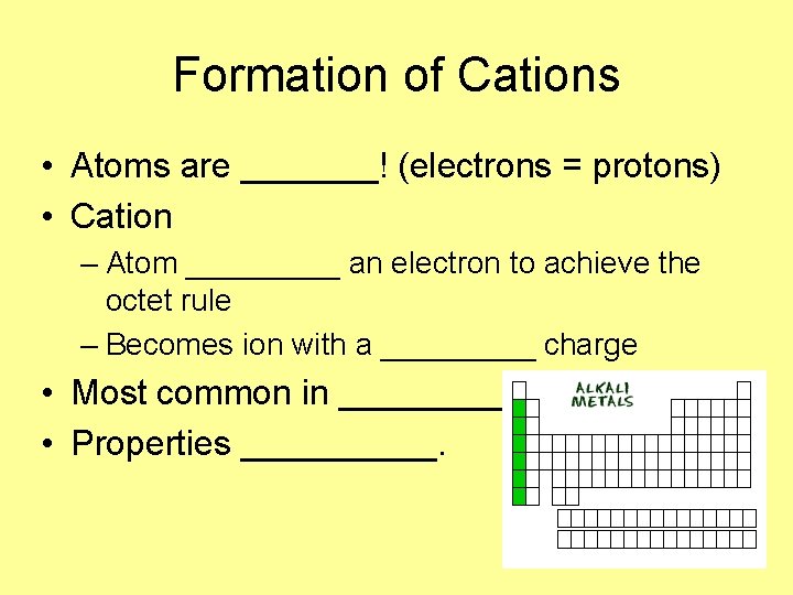 Formation of Cations • Atoms are _______! (electrons = protons) • Cation – Atom Formation of Cations • Atoms are _______! (electrons = protons) • Cation – Atom