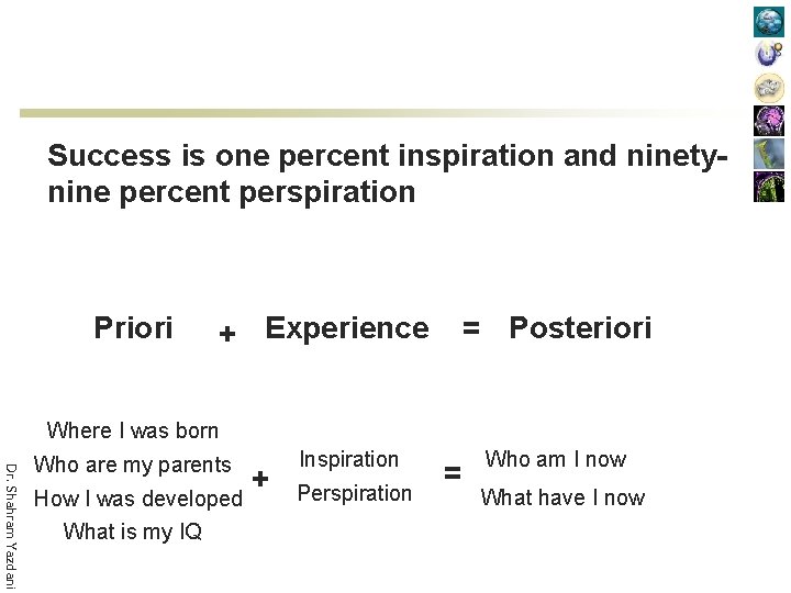 Success is one percent inspiration and ninetynine percent perspiration Priori + Experience = Posteriori