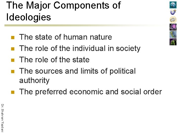 The Major Components of Ideologies n n n The state of human nature The