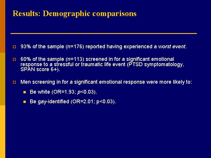 Results: Demographic comparisons p 93% of the sample (n=176) reported having experienced a worst