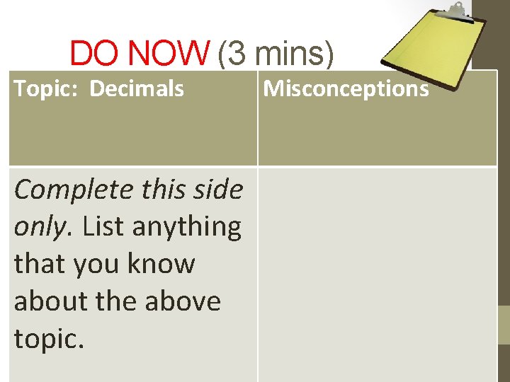 DO NOW (3 mins) Topic: PKB Decimals Misconceptions (Prior Knowledge Box) Complete this side