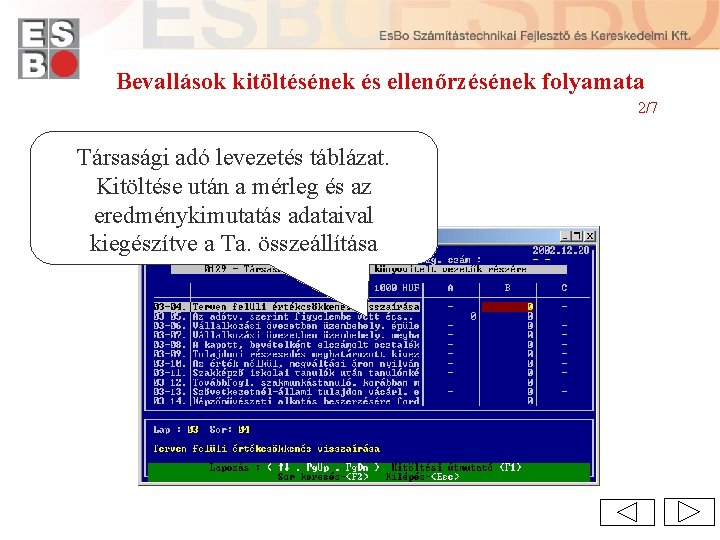 Bevallások kitöltésének és ellenőrzésének folyamata 2/7 Társasági adó levezetés táblázat. Kitöltése után a mérleg