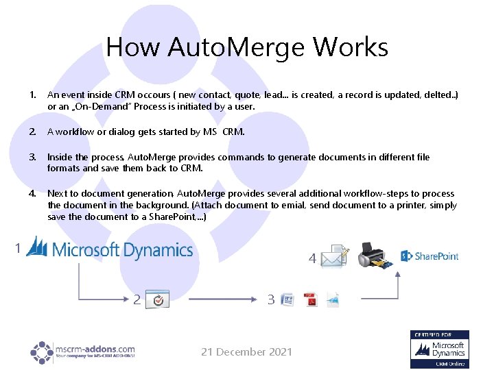 How Auto. Merge Works 1. An event inside CRM occours ( new contact, quote,