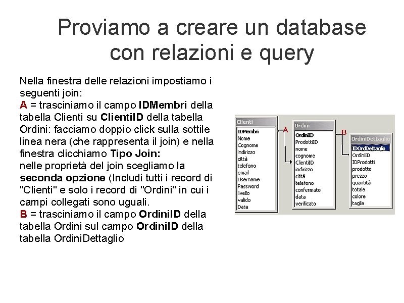 Proviamo a creare un database con relazioni e query Nella finestra delle relazioni impostiamo