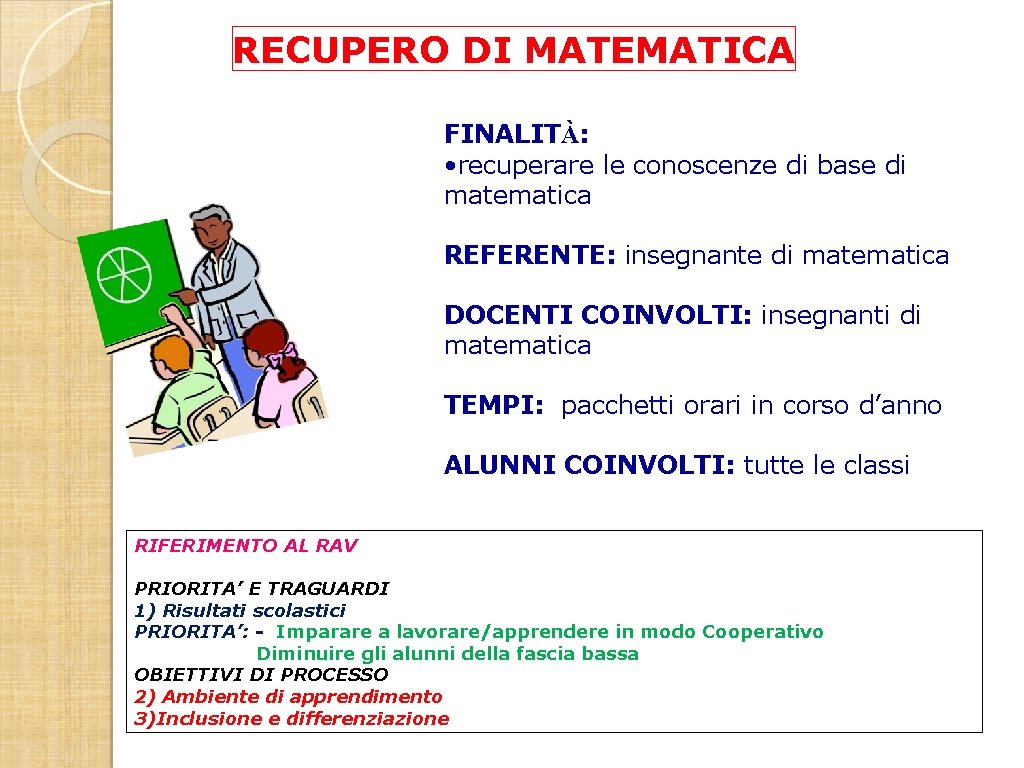 RECUPERO DI MATEMATICA FINALITÀ: • recuperare le conoscenze di base di matematica REFERENTE: insegnante