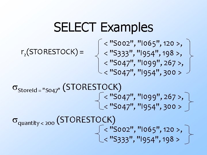 SELECT Examples r 2(STORESTOCK) = < "S 002", "I 065", 120 >, < "S