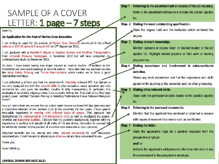 SAMPLE OF A COVER LETTER: 1 page – 7 steps 