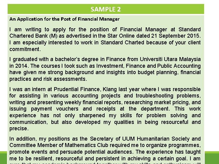 SAMPLE 2 An Application for the Post of Financial Manager I am writing to