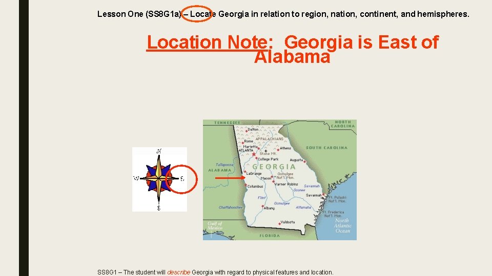 Lesson One (SS 8 G 1 a) – Locate Georgia in relation to region,