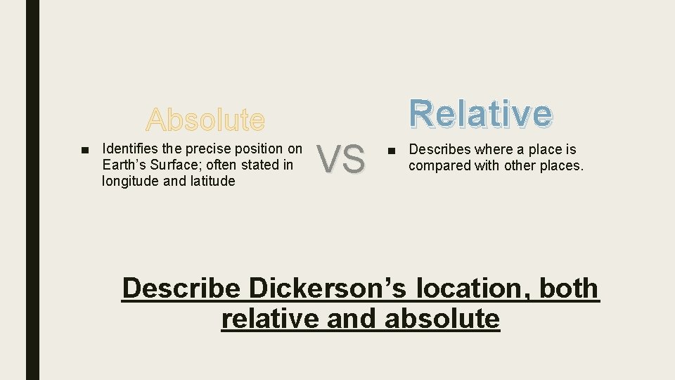 Relative Absolute ■ Identifies the precise position on Earth’s Surface; often stated in longitude