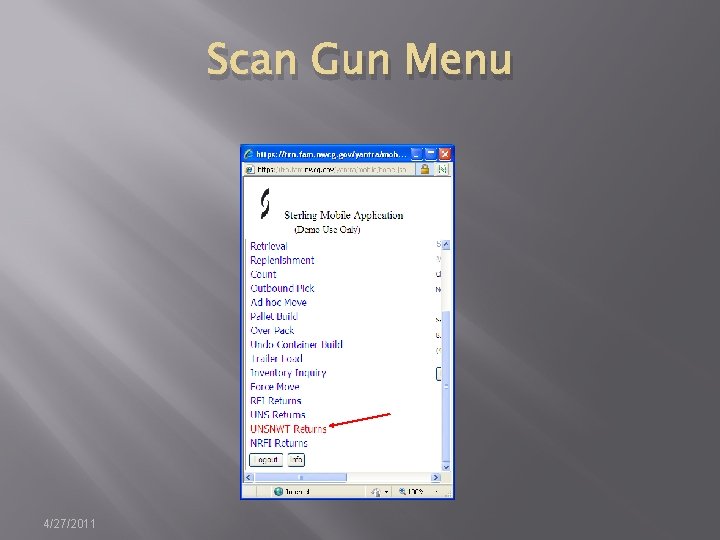 Scan Gun Menu 4/27/2011 