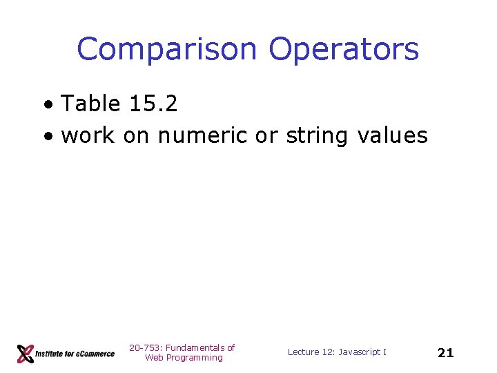 Comparison Operators • Table 15. 2 • work on numeric or string values 20