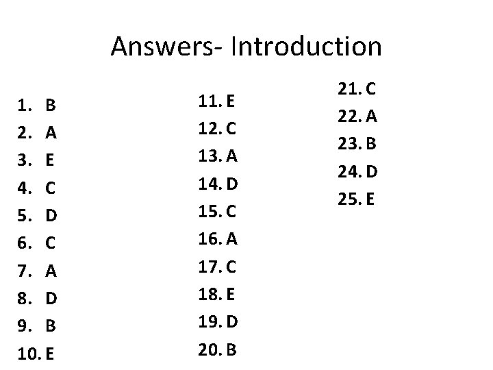 Answers- Introduction 1. B 2. A 3. E 4. C 5. D 6. C