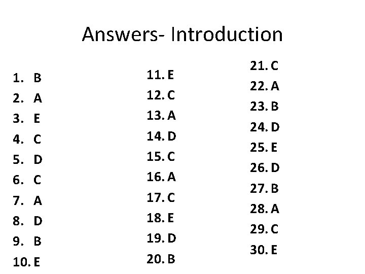 Answers- Introduction 1. B 2. A 3. E 4. C 5. D 6. C